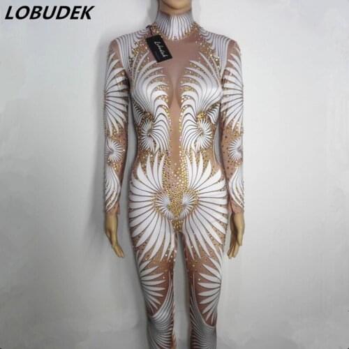 Sexy Female Costume Sparkling Crystals Rhinestones Jumpsuit Occident Bar Nightclub Jazz pole dancing performance dance outfits