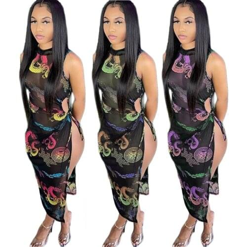 Summer women 2021 fashion hot sale street casual style long dresses sleeveless round neck pockets printed ankle-length dresses