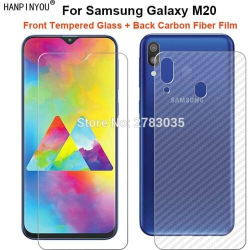 For Samsung Galaxy M20 6.3" 1 Set = Soft Back Carbon Fiber Film + Ultra Thin Clear Premium Tempered Glass Front Screen Protector