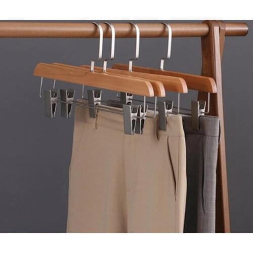10pcs/lot Wooden Pants Hangers with Metal Clips Solid Wood Jeans Skirt Hanging Rack 360° Swivel Hook Clip Hanger for Trousers