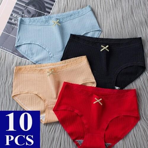 10Pcs/Lot Womens Cotton Underwear Briefs Sexy Lace Panties Femme Panties Lingerie Underpants Ladies Bow Panties Cute Intimates