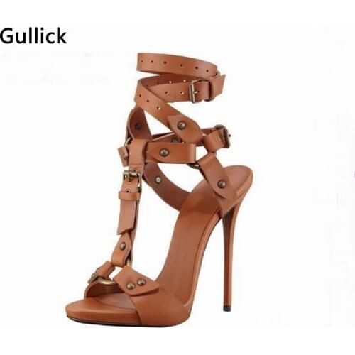 2018 Black Brown Sexy Hollow Out Rivets Studded Woman High Heel Sandals Ankle Cross Tied Belts Decor Punk Style Zapatos Mujer