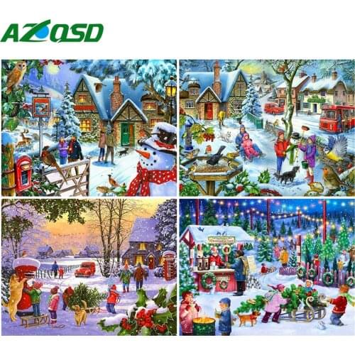 AZQSD Oil Painting By Numbers Snow Landscape Christmas Gift DIY Unframe Coloring By Numbers Canvas House Handmade Gift