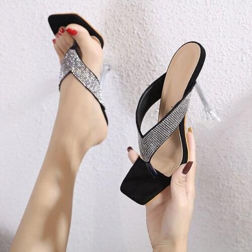 Thin High Heels Square Toe Sandal Lady Pump Shoes Mules Summer Women sandals Sexy Transparent Heel Slippers Sandal Shoes Woman