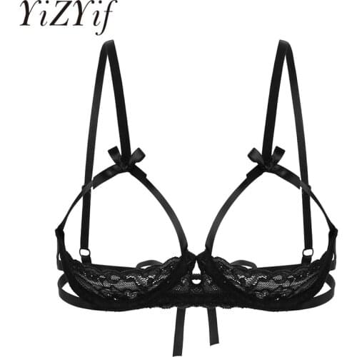 Sexy Open Cups Bra Tops Women See Through Sheer Erotic Lingerie Lace Bralette Sexy Bra Back Tie Up Underwired Bra Nightwear