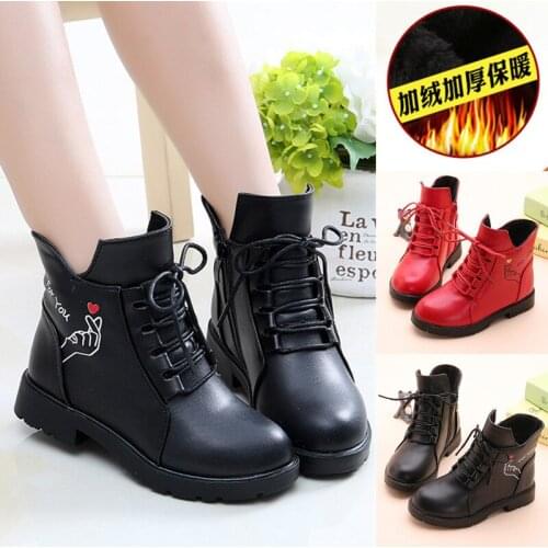 Black red Girls boots autumn winter new Korean childrens Martin boots Big cotton two cotton plus velvet boots for 1-16year old