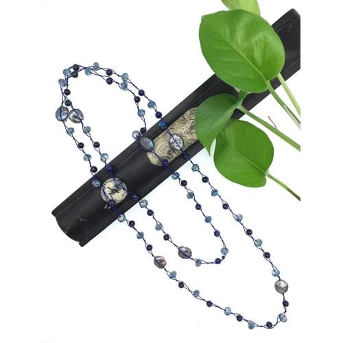 6mm Lapis Lazuli Long Necklace 12mm Black Coin Pearl Blue Crystals FoLisaUnique Trend Jewelry For Women Girl Gift 50 Inch