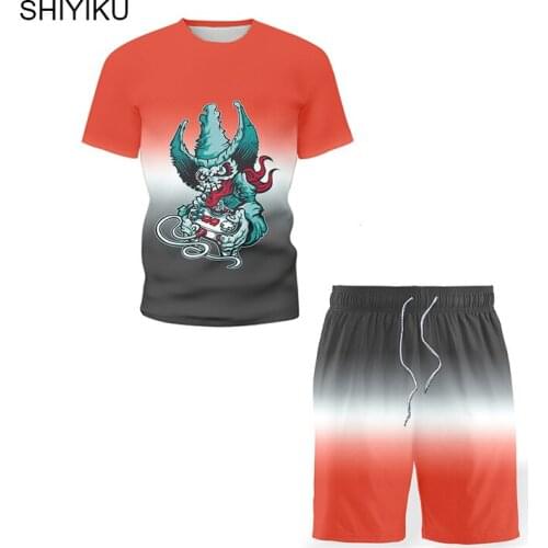 SHIYIKU Summer Brand Mens Short Sleeve Harajuku Streetwear Print T-Shirt Shorts Leisure Outdoor Suit Trend Tracksuit 2 Packs