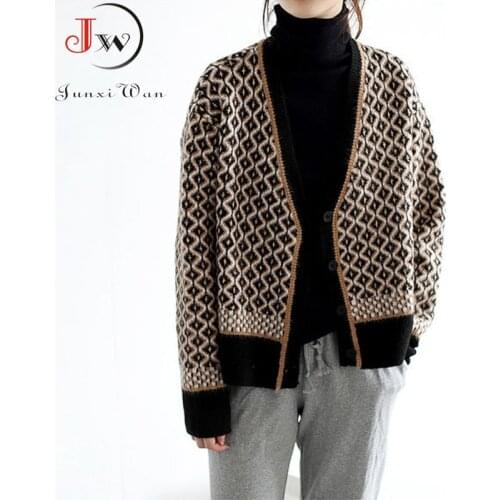 Women Cardigan Autumn Winter Elegant Plaid Pattern Knitted Sweater Fashion Long Sleeve Loose Cardigans Outerwear Chaqueta