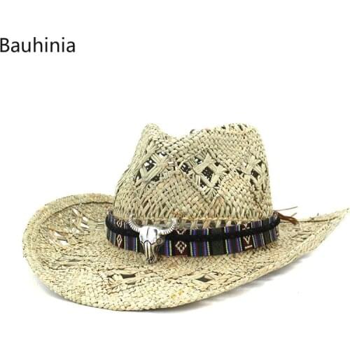 Summer Men Western Cowboy Straw Hat Bull Head Band Decor Handmade Crochet Salt Hollow Outdoor Beach Sun Hat