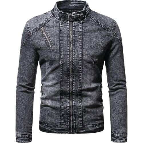Mens Denim Jacket Casual Coat Men Denim Jacket Men Moto Biker Jean Jacket Autumn Winter Fashion Solid Plus Velvet Stand Collar