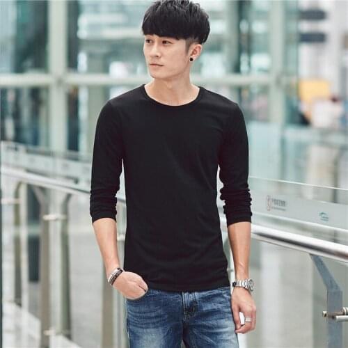 Mens long sleeve T-shirt pure cotton collar self healing T-shirt pure color mens wear autumn T-shirt