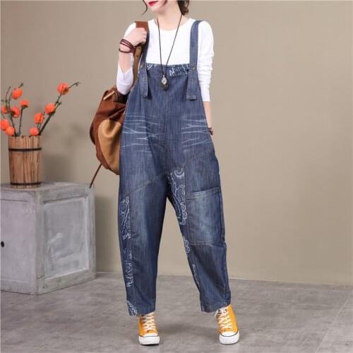 2021 Spring New WomenS Loose Fashion Casual Printing Denim Harem Pants Titching Literary Bib Tide Overalls Jeans Gentlewoman