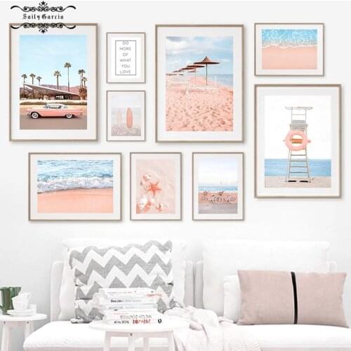Ocean Beach Lounge Palm Car Bike Starfish Canvas Painting Nordic Posters and Prints Pink Wall Art Pictures for Living Room Decor