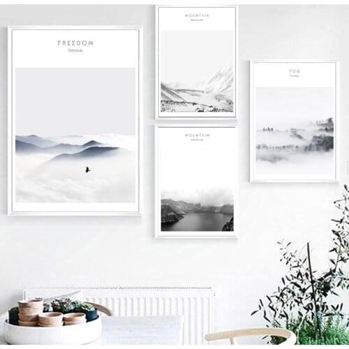 Pastel Chinese Wind Ink Painting Home Decoration Freedom Mountain Peak Flying Bird Living Room Wall Canvas Art Poster Lake Snow
