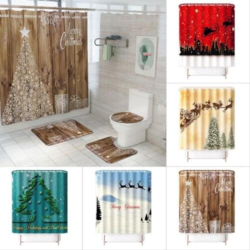 2022 Merry Christmas Festival Shower Curtain with 12 Hooks Santa Claus Bathroom Set Mat Non Slip Carpet Toilet Cover Floor Rugs