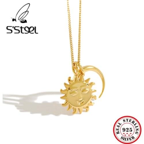 SSTEEL Sun Or Moon Pendants 925 Sterling Silver Necklaces Gothic Two Color Sweater Chain Collares De Moda 2019 Bijoux Femme