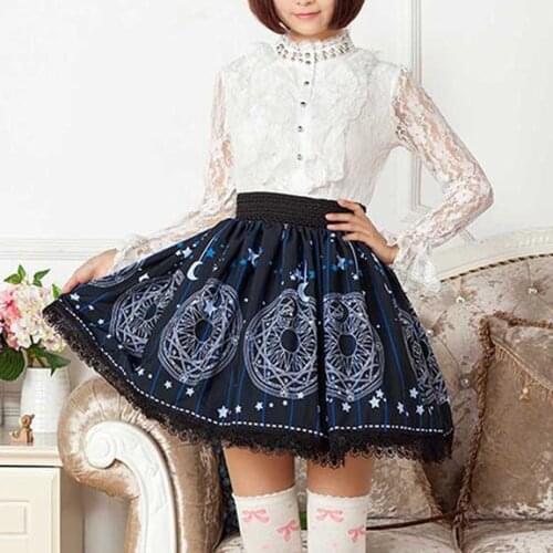 Dark Blue Stars Moon Print Lolita Lace Short Skirt Gentlewomen Pleated Harujuku Japan Fashion England High quality Lady Skirts