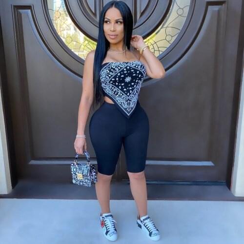 Newest Arrival Women Summer Outfit Fashion Paisley Print Strapless Off-Shoulder Tank Tops+Solid Color Tight Shorts Exercise Sets