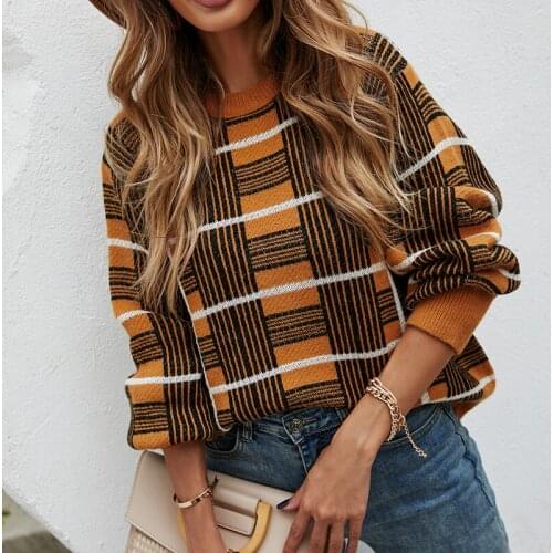 High Street Autumn lattice sweaters womens pullover knitted plaid sweater pullovers female slim casual jumper 2021 streetwear