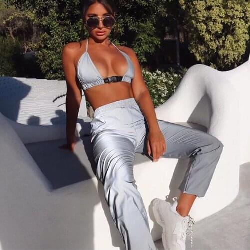 2 Piece Womens Reflective Tracksuits Matching Pants Sets Bling Luminous Halter Buckle Cropped Tops Femme Loose Pants Sweatsuit