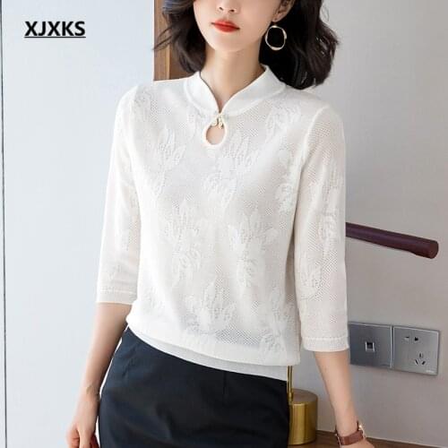 XJXKS Fashion Cheongsam Collar Three-quarter Sleeve Women Thin Sweater 2021 Autumn New Fashion Hollow Sweater Women Pullover