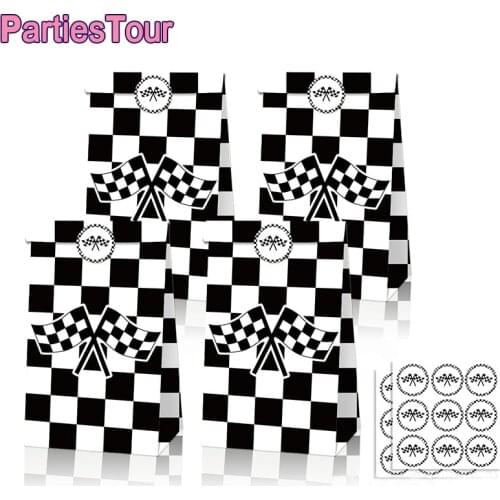 12pcs Race Car Party Treat Bag with Checkered Racing Stickers Checkered Racing Paper Bags for Kids Race Car Theme Birthday Party