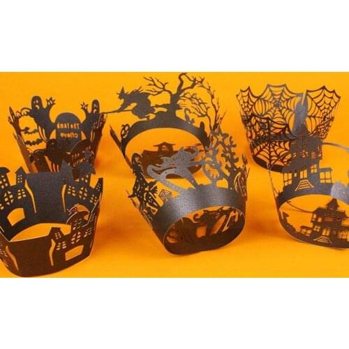 12Pcs/Set Halloween Hollow Black Cake Border Pumpkin Decoration Cup For Wedding Cast Birthday Lace Cupcake Party Baking Rim G8F7