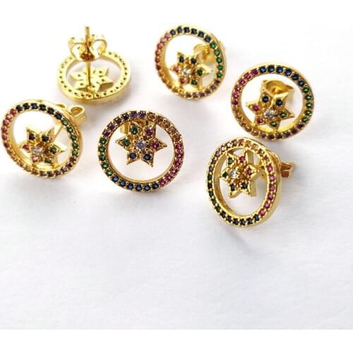 6 Pairs Fashion star inside charm earring Colorful CZ Rainbow cubic zirconia Micro Pave round stud earrings jewelry Gift ER956