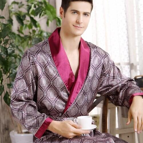 Men Silk Long-sleeved Bathrobe Plus Size 5XL Kimono Home Bath Gown Male Printed Geometric Robes V-neck Satin Sleepwear Nightgown