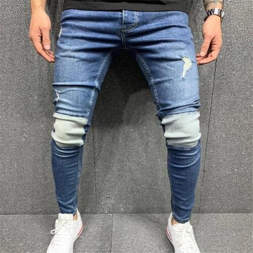 Brand New Men Slim Patchwork Jeans Adults Elastic Mid-rise Ripped Denim Pencil Pants with Pockets Dark Blue