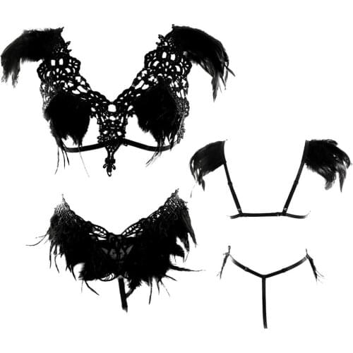 Feather Strappy Harness Set Bra Lace Black Sexy Chest Belt Elastic Goth Steampunk Adjust Crotchless Panties Waist Garter Dance