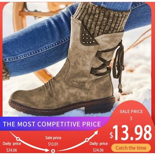Ladies Fashion Autumn Winter Women Boots Mid Calf Shoes Warm Snow Boots Cowboy Style Knee High Botas Plus Size 35-43