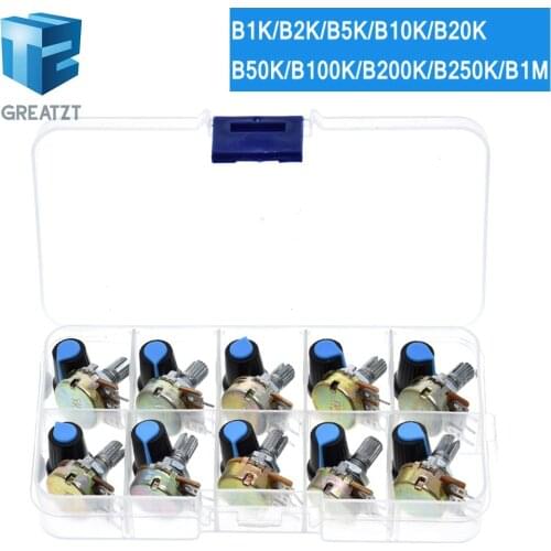 WH148 Potentiometer Kit B1K 2K 5K 10K 20K 50K 100K 500K 1M 15mm Linear Taper Rotary Potentiometer Resistor Set 3pin With Cap