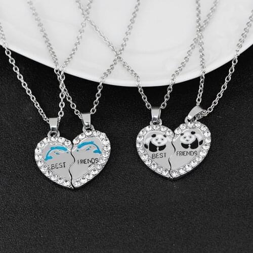 BEST FRIENDS Necklace BFF 2 Part Broken Heart Pendant Animal Panda Anchors Penguin Crystal Pendant Necklace Friendship Jewelry