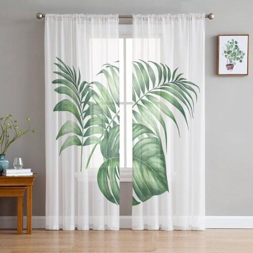 Tropical Palm Leaves Watercolor Plant White Sheer Curtains for Living Room Bedroom Kitchen Tulle for Windows Voile Yarn Curtains