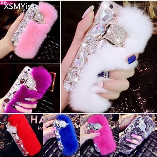 Luxury Bling Rhinestone diamond Real rabbit fur soft case For Huawei Honor8 9 10 20 Lite V10 V20 7X 8X Nova2 3 4 5 Bling Case