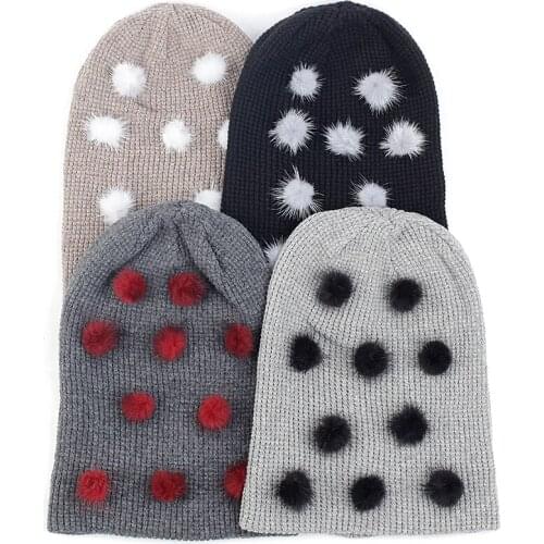 Charm Wood Adult Cashmere Beanie Hat Autumn Winter Warm Skull Cap Beanies Pullover Cuff Cap With Small Pompom Dot Accessories