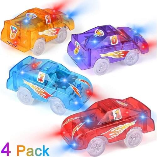 Track Cars Light Up Toy Cars with 5 LED Lights, 4 Pack Replacement Race Cars Compatible with Dinosaur Tracks and glow Tracks