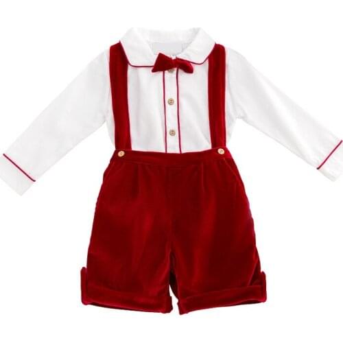 Spanish Baby Boy Clothes Set Vintage Kids Summer Suit Formal Wedding Toddler White Shirt +Velvet Suspender Pants Shorts Outfits