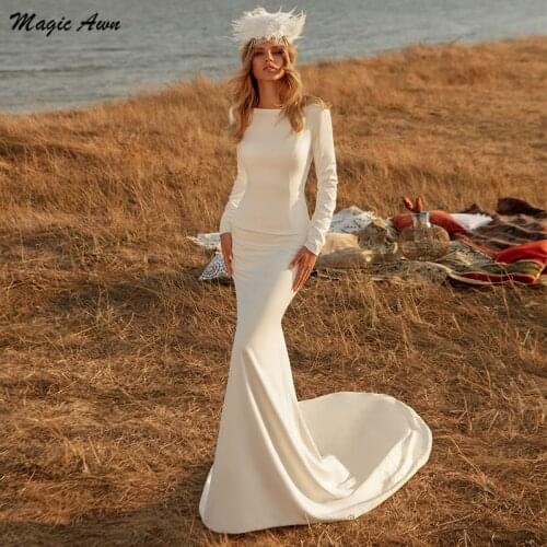 Magic Awn Modest Mermaid Satin Wedding Dresses Full Sleeves Open Back Boho Bridal Gowns Simple Customized Vestidos De Novia