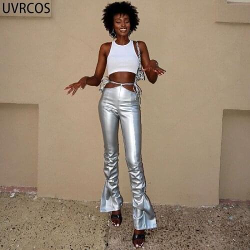UVRCOS Faux Leather PU Long Pants Streetwear Women 2021 Fashion Sexy Lace Up Hollow Out High Waist Bodycon Club Bar Woman Pants