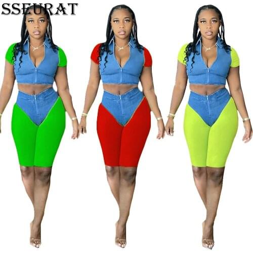 SSEURAT Fake Jean Patchwork Womens Set Short Sleeve Track Jacket Knee Length Pants Matching Two Piece Outfits Fashion Tracksui
