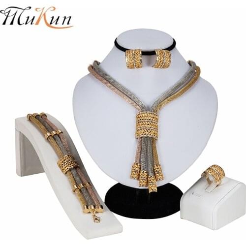 MUKUN Dubai Gold Color Wedding Pendant Necklace Earrings Bracelet Ring Sets For Women Brides Jewelery Costume Crystal Jewellery