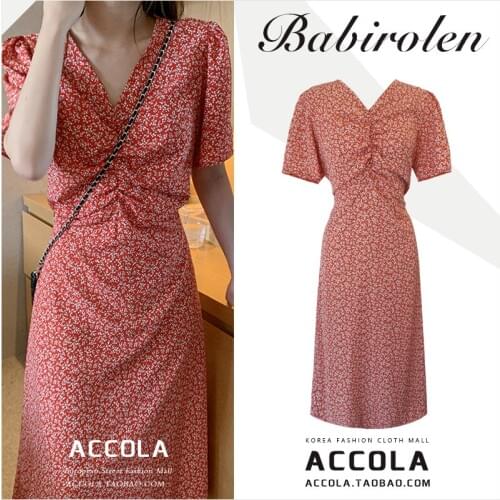 2020 summer Retro floral printed dress women high waist sweet girl V-neck slim dress