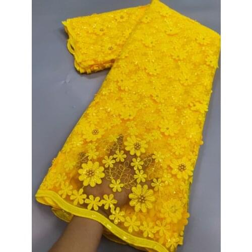 5yards/pc) Beautiful 3D embroidered African mesh lace yellow French net lace fabric with beads for party dress FLO010