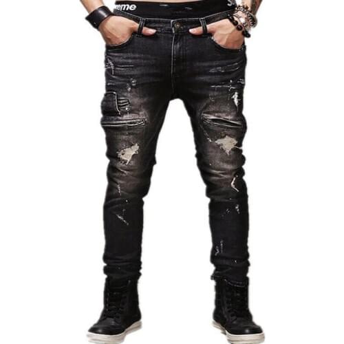 Fashion Hole Leisure Tide Jeans Mens Cotton Long Trousers Black Denim Trousers Casual Straight Jeans Men Bottoms Big Size 40