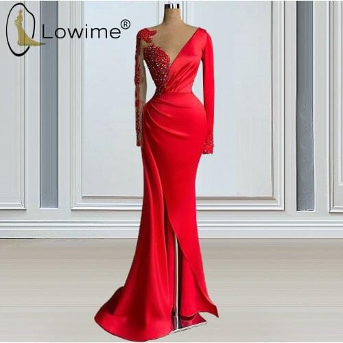 Elegant Red Long Sleeve Mermaid Evening Dresses 2021 Illusion O Neckline Beaded Satin Evening Gowns with Split