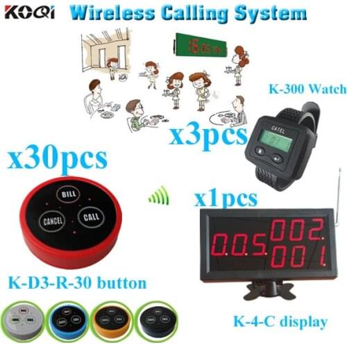 Electronic Calling Service System with monitor bell button watch pager (1 display receiver+ 3 watch +30 table bell button)
