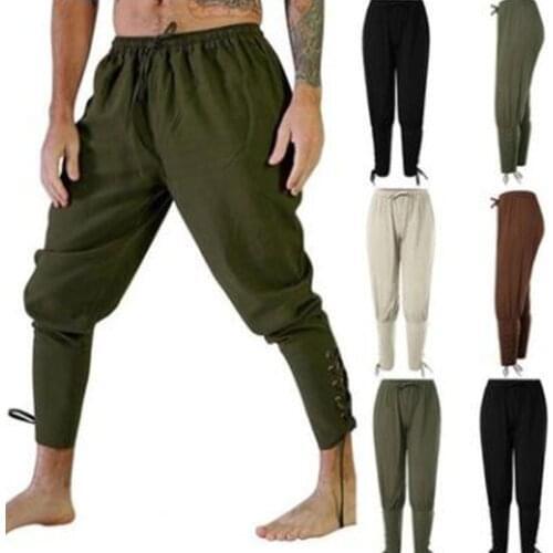 Viking Pirate Cosplay Adult Man Medieval Costume Lace-Up Bandage Pants Larp Capris Trousers Vintage Woven Cotton Joggers For Men